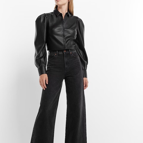 Brand New Express Faux Leather Puff Sleeve Button Up Shirt - Picture 2 of 8